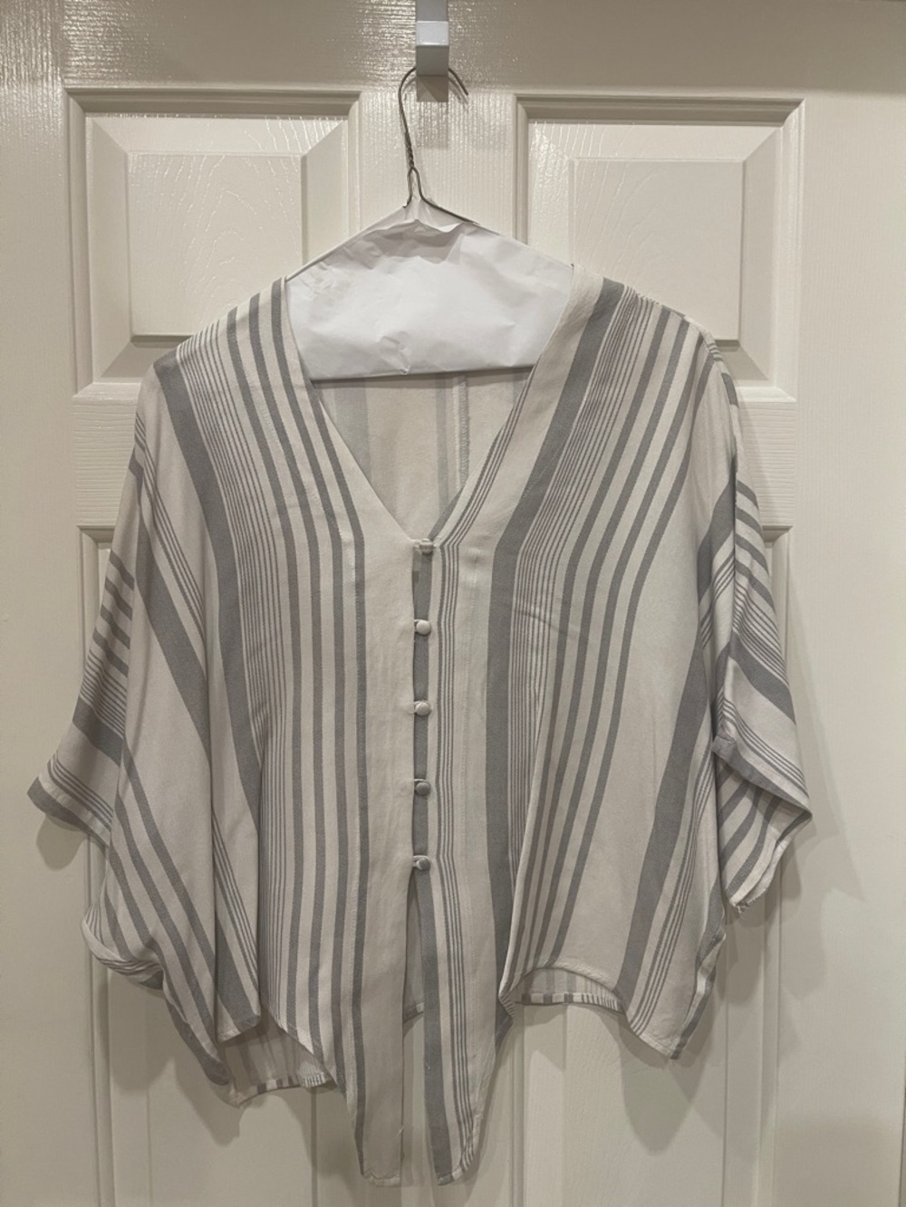 Lightweight Gray & White Striped V-Neck Button Front Women's Top S:XL